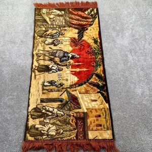 Vintage Tapestry‎ Prayer Rug Scene Figures Fringe Orange Textile Art